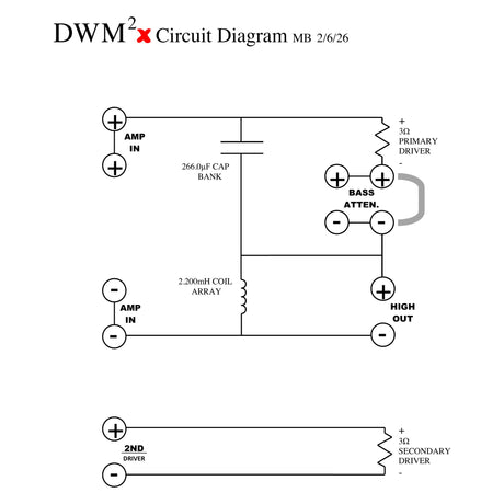Magnepan DWM²x Bass Panel circuit diagram, 266 µF capacitor bank, 2.2 mH coil array, 3 ohm primary and secondary drivers