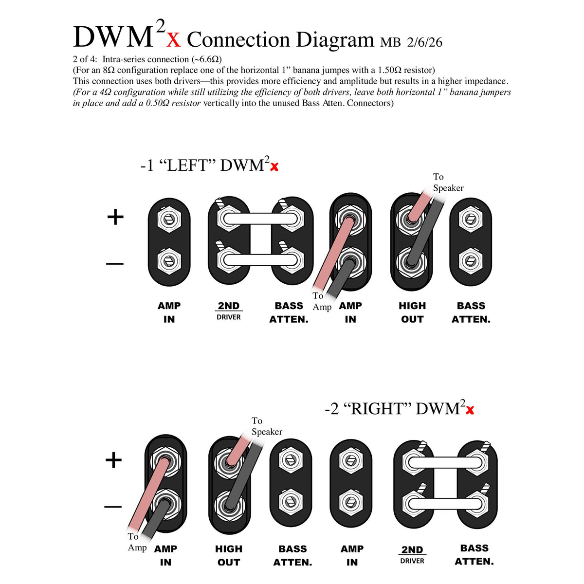 Magnepan DWM²x Bass Panel connection diagram 2 of 4, intra-series connection at about 6.6 ohms using both drivers