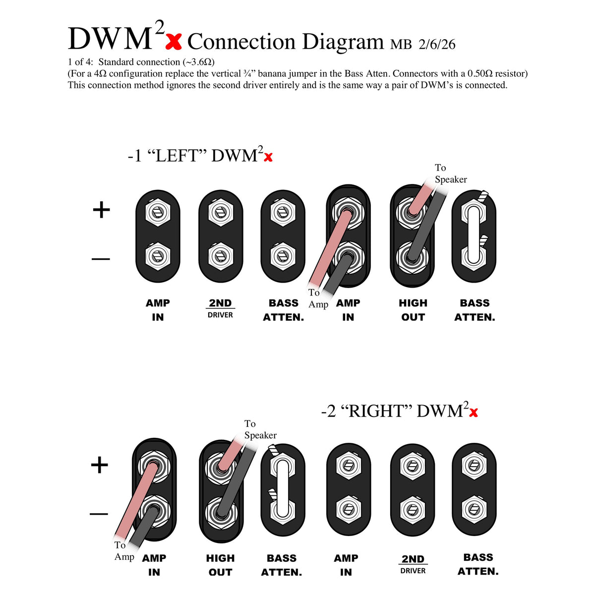 Magnepan DWM²x Bass Panel connection diagram 1 of 4, standard connection at about 3.6 ohms, left and right panel terminal layouts