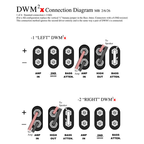 Magnepan DWM²x Bass Panel connection diagram 1 of 4, standard connection at about 3.6 ohms, left and right panel terminal layouts