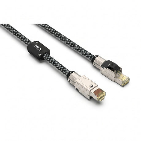 Matrix Audio CAT6A Network Patch Cord shielded RJ45 metal-shell connectors three-quarter view with braided nylon cable