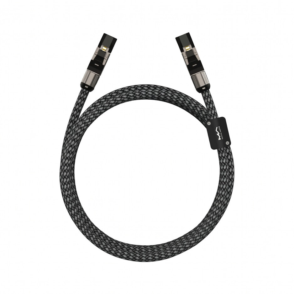 Matrix Audio CAT6A Network Patch Cord coiled with two shielded RJ45 connectors and braided nylon sleeve