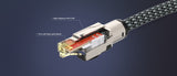 Matrix Audio CAT6A RJ45 connector cutaway showing high-frequency FR-4 PCB and 50 micron gold plated pins