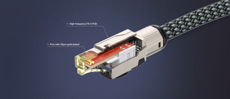 Matrix Audio CAT6A RJ45 connector cutaway showing high-frequency FR-4 PCB and 50 micron gold plated pins