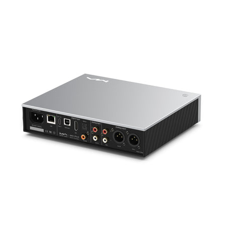 Matrix Audio mini-i Pro 4 in Gray, rear three-quarter view showing inputs and XLR outputs