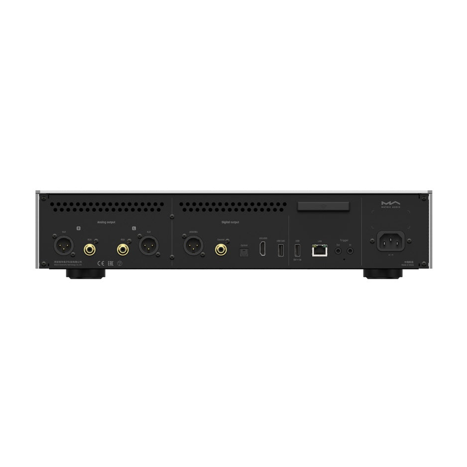 Matrix Audio MS-1c Silver rear panel with XLR, RCA, AES/EBU, coaxial, optical, USB DAC, IIS-LVDS, USB 3.0, LAN, and trigger connections