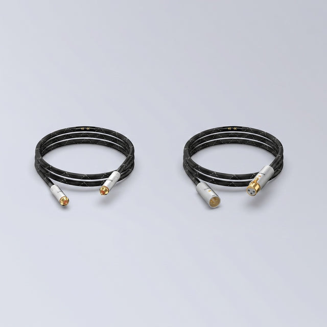Matrix Audio OCC Hi-Fi Analog Interconnect Cable RCA and XLR coiled three-quarter view on gray gradient