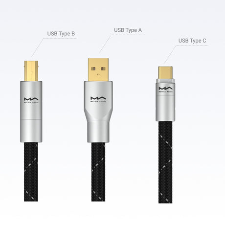 Matrix Audio OCC USB 2.0 Audio Cable, USB Type B, Type A and Type C connectors, front view