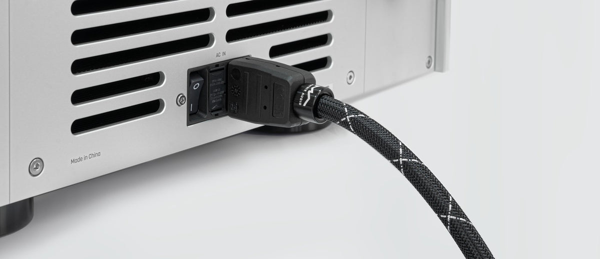 Matrix Audio OFC power cable IEC C13 connector plugged into amplifier rear panel