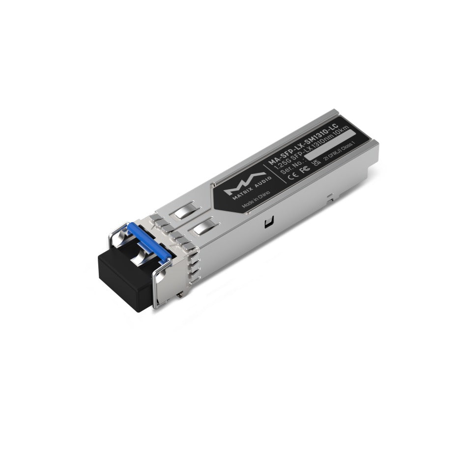Matrix Audio SFP Module, LC fiber port and label, three-quarter view