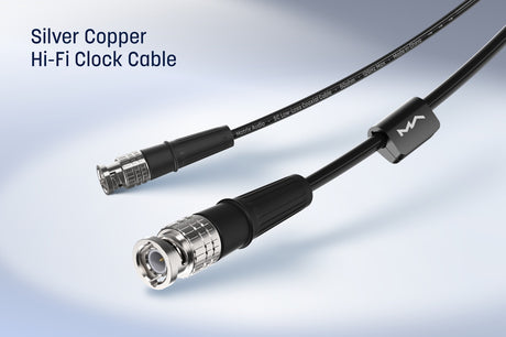 Matrix Audio Silver Copper Hi-Fi Clock Cable, Black, two BNC cable ends close-up on a gradient backdrop