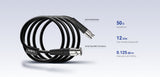 Matrix Audio Silver Copper Hi-Fi Clock Cable, Black, coiled three-quarter view with 50 ohm impedance, 12 GHz bandwidth and 0.125 dB/m attenuation callouts
