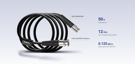Matrix Audio Silver Copper Hi-Fi Clock Cable, Black, coiled three-quarter view with 50 ohm impedance, 12 GHz bandwidth and 0.125 dB/m attenuation callouts