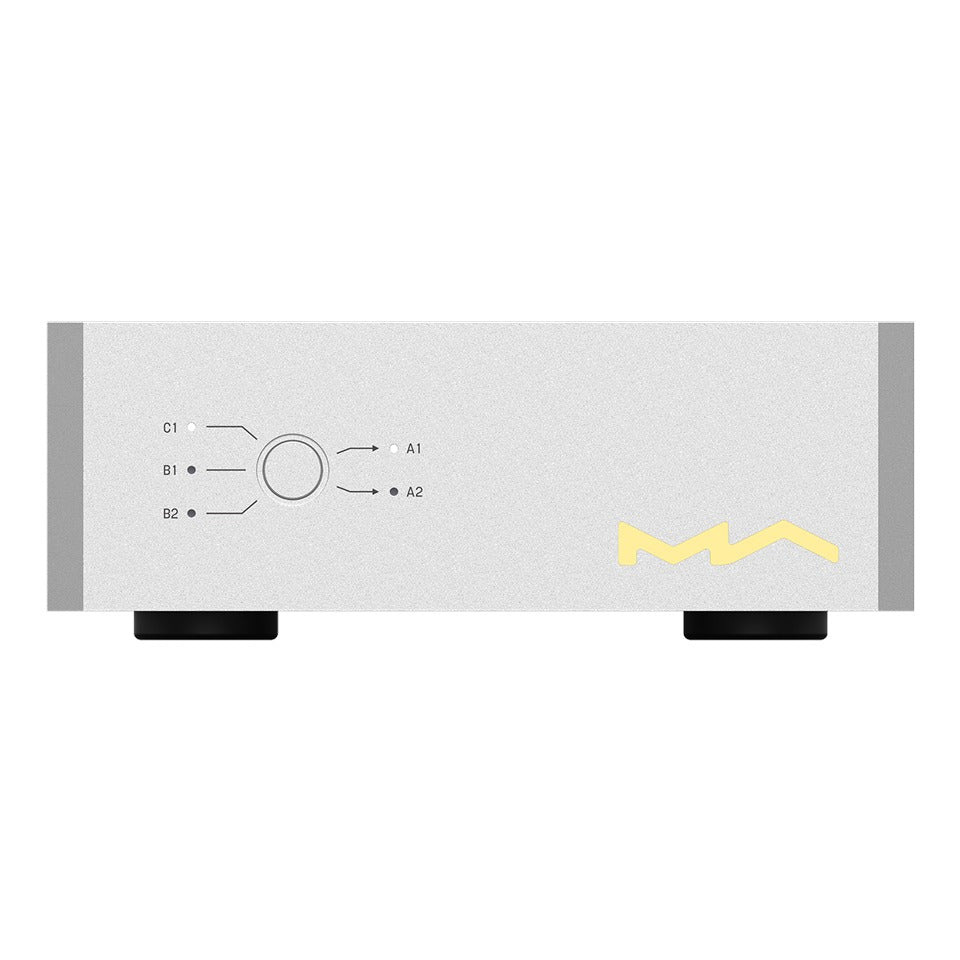 Matrix Audio SU-1 USB Isolation Switcher, Silver, straight-on front view with the selector button and input and output LEDs