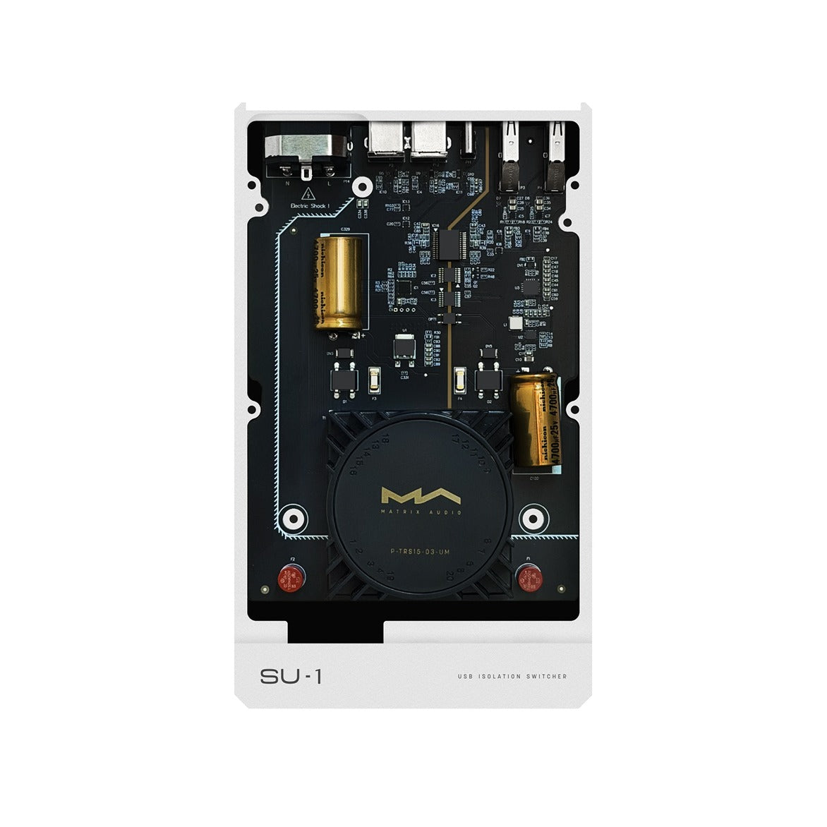 Matrix Audio SU-1 USB Isolation Switcher, internal top view with the lid removed showing the circuit board and toroidal transformer