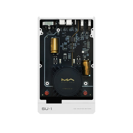 Matrix Audio SU-1 USB Isolation Switcher, internal top view with the lid removed showing the circuit board and toroidal transformer