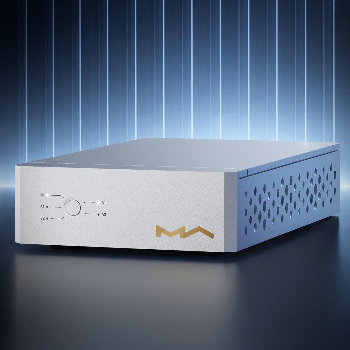 Matrix Audio SU-1 USB Isolation Switcher, Silver, front three-quarter view under blue stage lighting