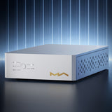 Matrix Audio SU-1 USB Isolation Switcher, Silver, front three-quarter view under blue stage lighting