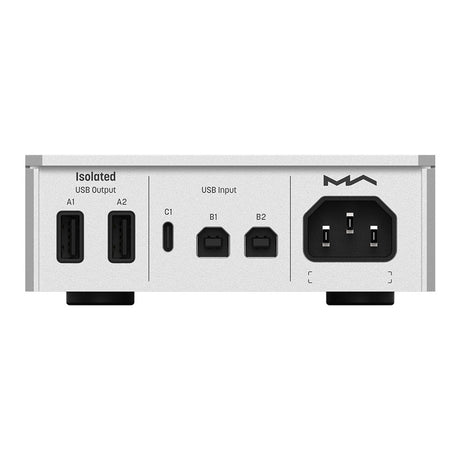 Matrix Audio SU-1 USB Isolation Switcher, Silver, rear connection panel showing isolated USB Type-A outputs, Type-C and Type-B inputs and IEC inlet