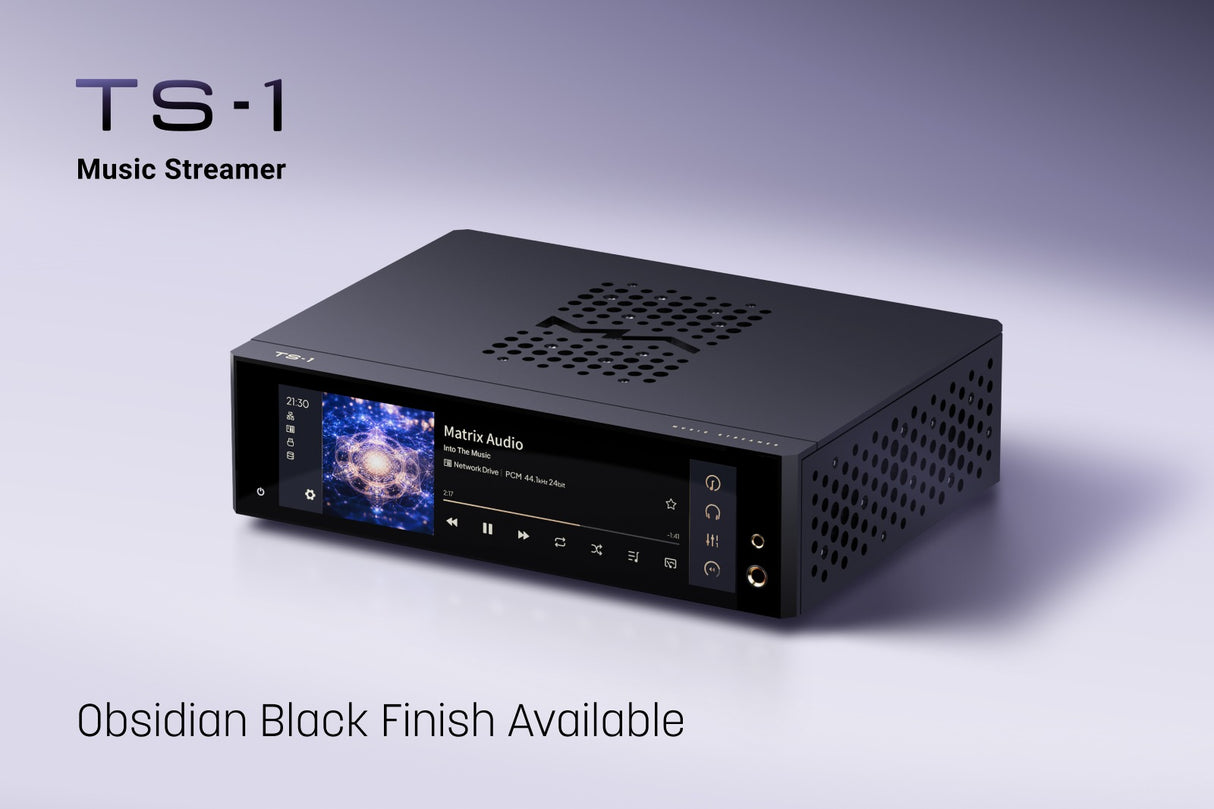Matrix Audio TS-1 Music Streamer, Obsidian Black, three-quarter view facing right with display lit, lifestyle, on a gradient backdrop