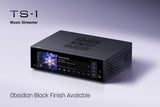 Matrix Audio TS-1 Music Streamer, Obsidian Black, three-quarter view facing right with display lit, lifestyle, on a gradient backdrop