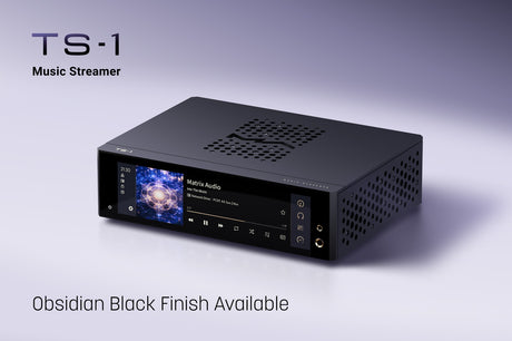 Matrix Audio TS-1 Music Streamer, Obsidian Black, three-quarter view facing right with display lit, lifestyle, on a gradient backdrop