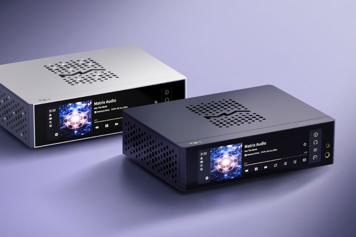 Matrix Audio TS-1 Music Streamer, Silver and Obsidian Black units side by side, full range in both finishes