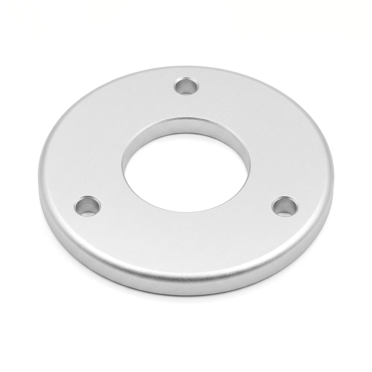 Michell Rega Arm Spacer Turntable Accessory, Silver, three-quarter view showing the 3-bolt hole pattern