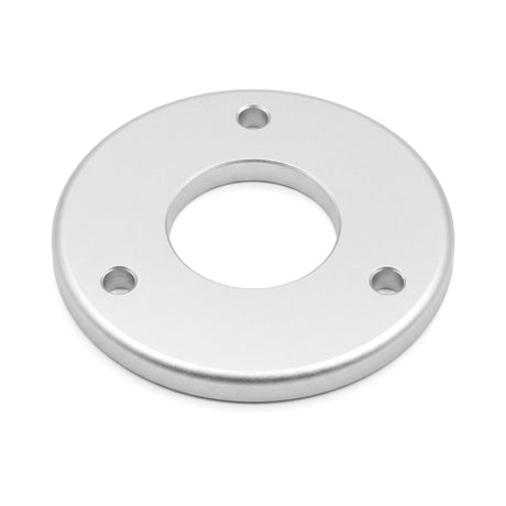 Michell Rega Arm Spacer Turntable Accessory, Silver, three-quarter view showing the 3-bolt hole pattern