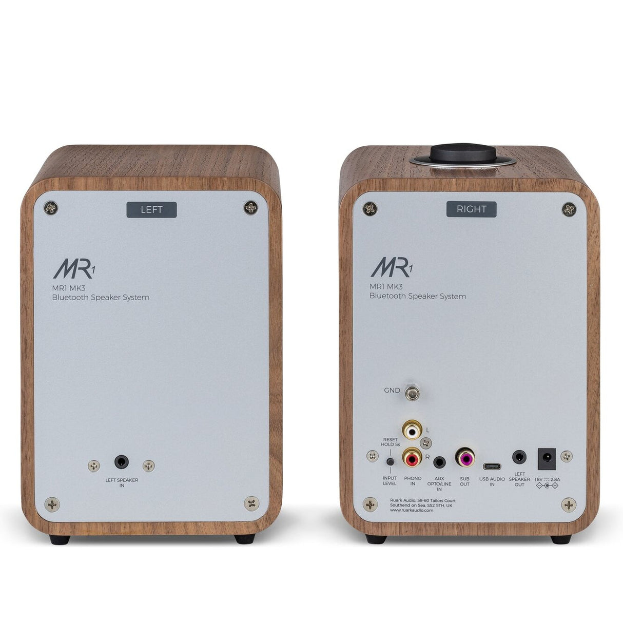 Ruark Audio MR1 MK3 Desktop Speaker System in Walnut, rear view showing connections panel
