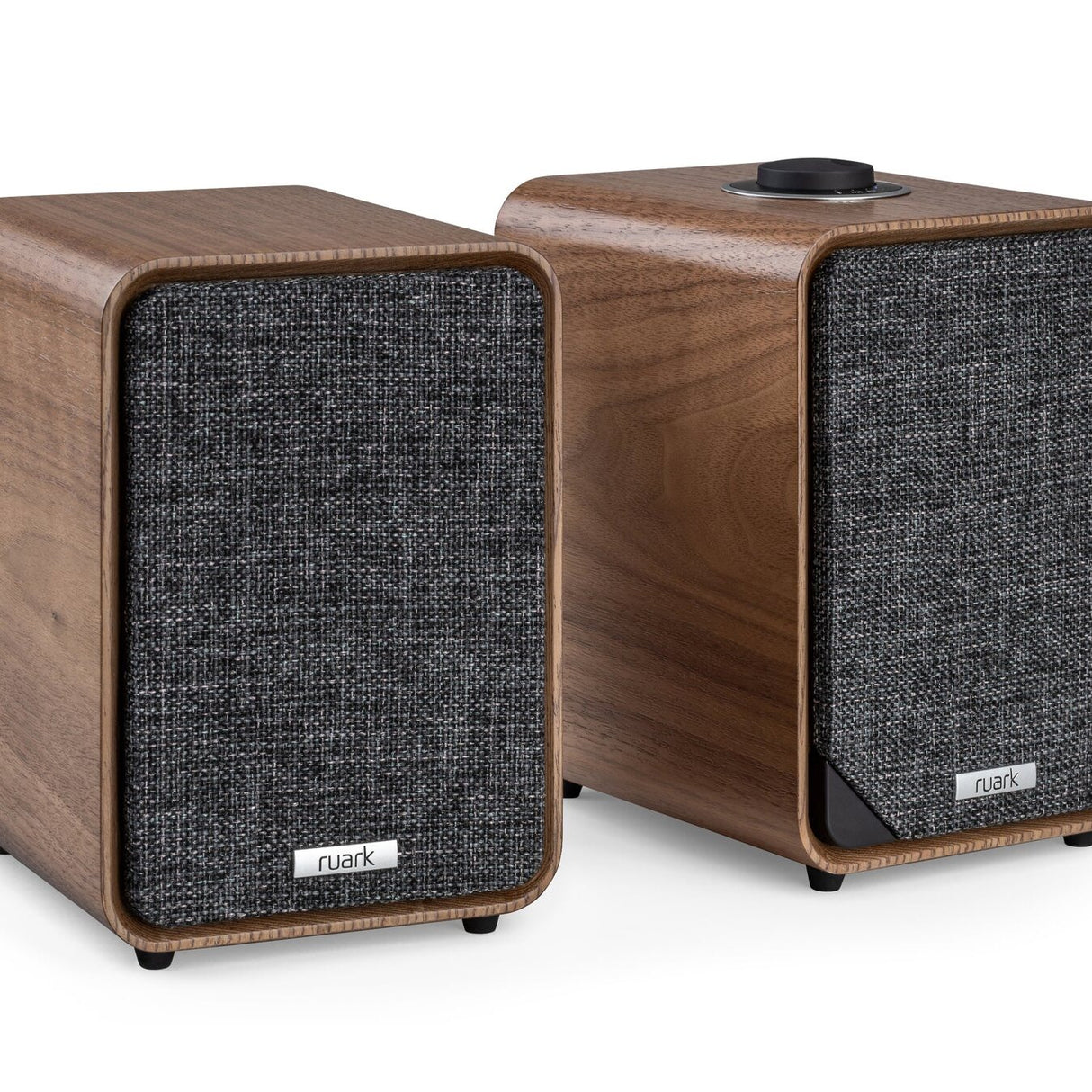 Ruark Audio MR1 MK3 Desktop Speaker System in Walnut, three-quarter view with RotoDial top control visible