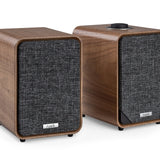 Ruark Audio MR1 MK3 Desktop Speaker System (Open Box), Walnut, three-quarter view with RotoDial top control