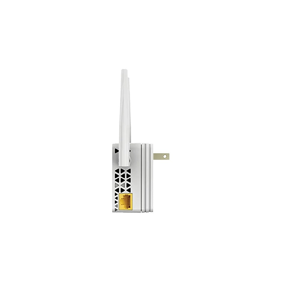 NETGEAR EX6120 WiFi Range Extender, white, left side profile showing the Fast Ethernet port