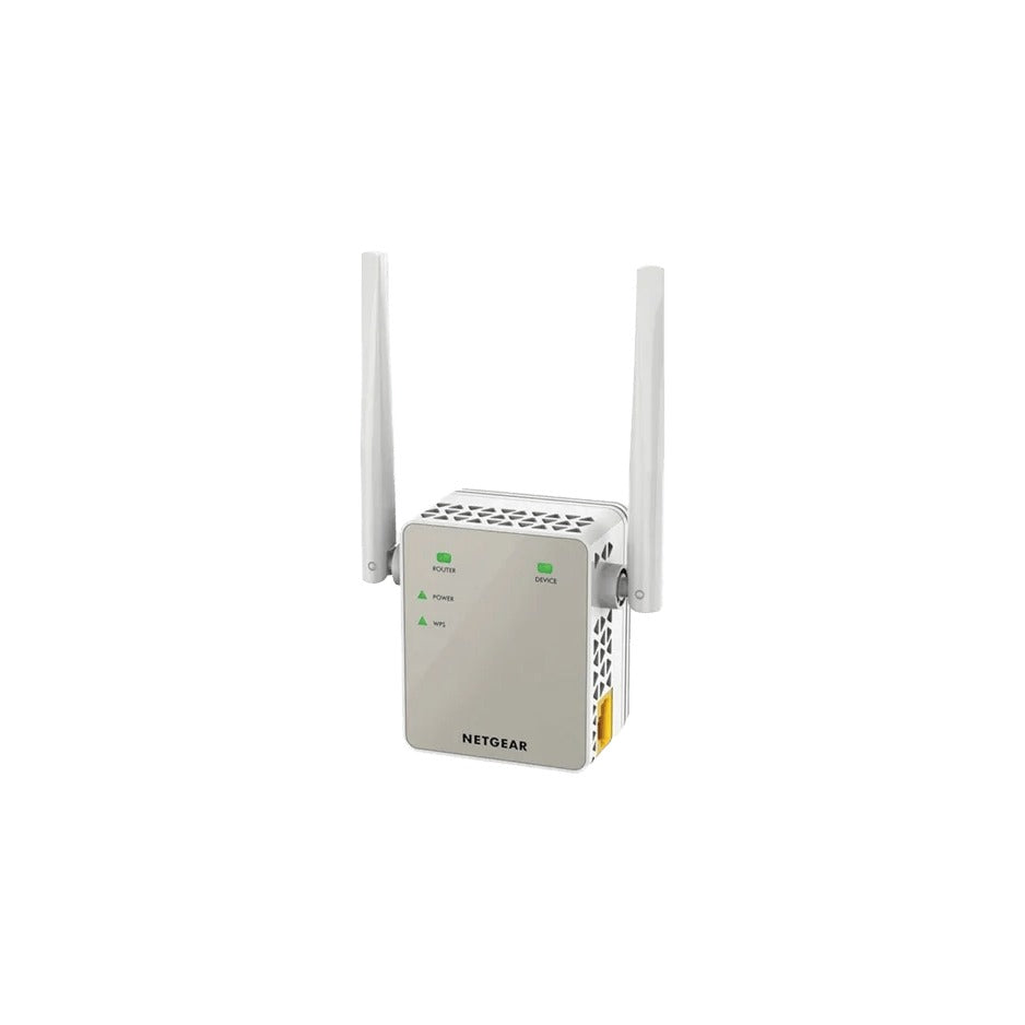 NETGEAR EX6120 WiFi Range Extender, white, three-quarter view with antennas raised