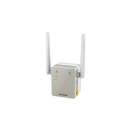 NETGEAR EX6120 WiFi Range Extender, white, three-quarter view with antennas raised