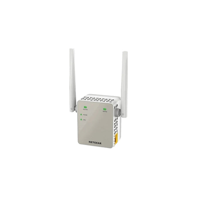 NETGEAR EX6120 WiFi Range Extender, white, three-quarter view with antennas raised