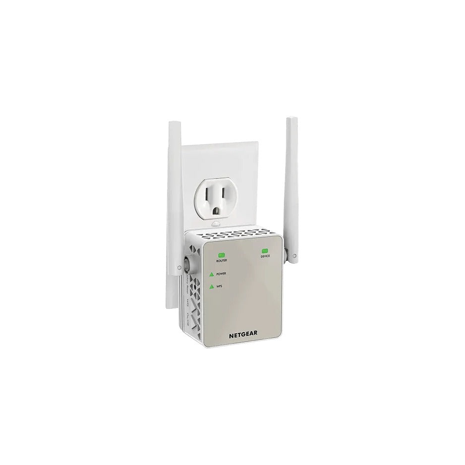 NETGEAR EX6120 WiFi Range Extender, white, three-quarter view plugged into a US wall outlet