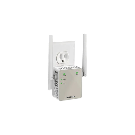 NETGEAR EX6120 WiFi Range Extender, white, three-quarter view plugged into a US wall outlet