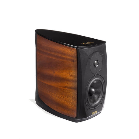 Opera Callas Bookshelf Speakers Mahogany front, grille off, showing drivers and curved wood cabinet