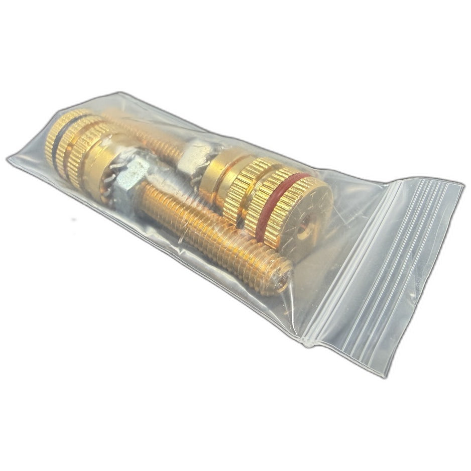 Opera Legacy Binding Posts, pair of gold-plated speaker terminals with red and black polarity rings, in packaging