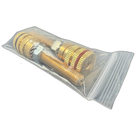 Opera Legacy Binding Posts, pair of gold-plated speaker terminals with red and black polarity rings, in packaging