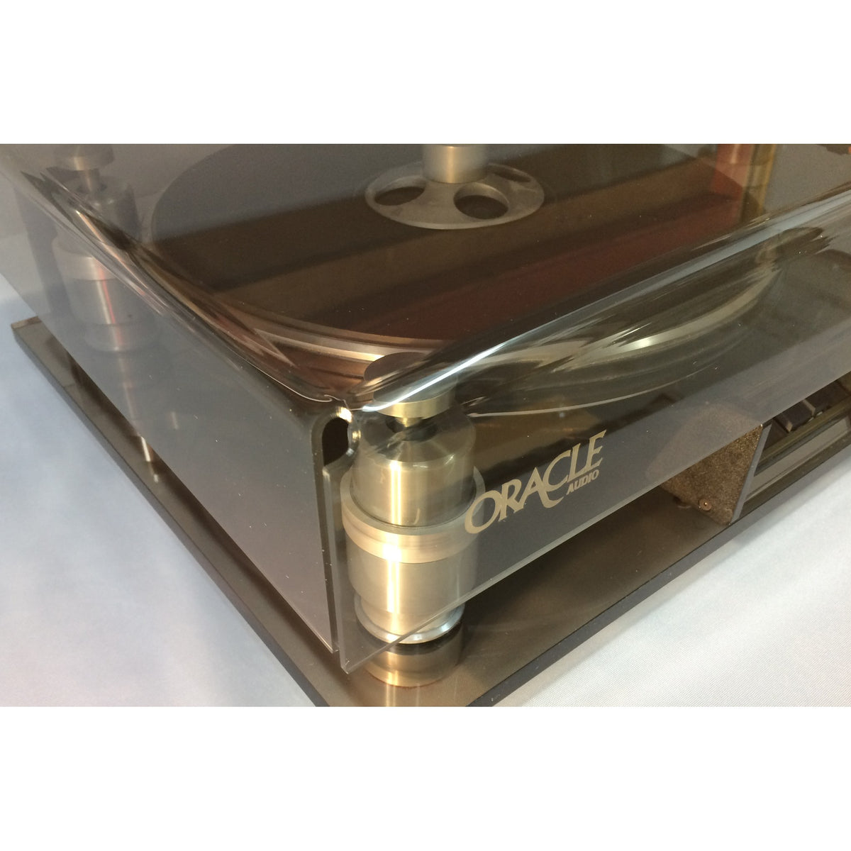 Oracle Audio Bronze Dust Cover, Bronze, laser-engraved logo close-up