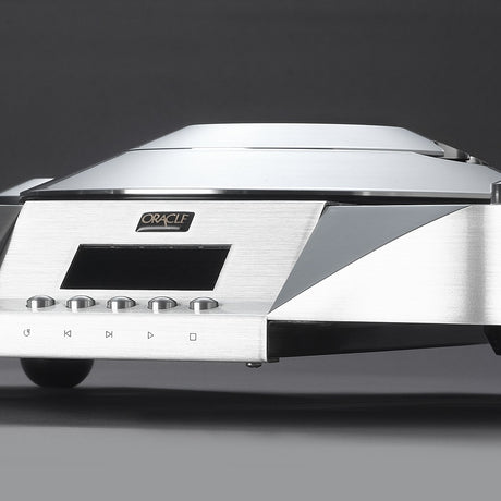 Oracle Audio CD1000 MkIII CD Transport, brushed aluminum, front display and control buttons close-up