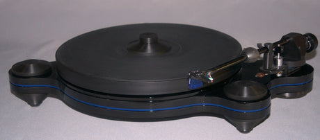 Oracle Audio Origine Mk2 Turntable, Black plinth with Blue acrylic insert, three-quarter view