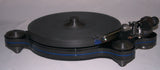 Oracle Audio Origine Acrylic Insert, Matte Blue, shown fitted in a black Origine Mk2 plinth, three-quarter view