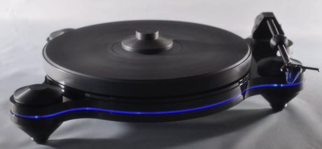 Oracle Audio Origine Mk2 Turntable, Black plinth with Neon Blue acrylic insert, three-quarter view