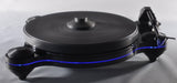 Oracle Audio Origine Acrylic Insert, Neon Blue, shown fitted in a black Origine Mk2 plinth, three-quarter view