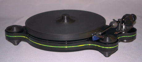 Oracle Audio Origine Mk2 Turntable, Black plinth with Neon Green acrylic insert, three-quarter view