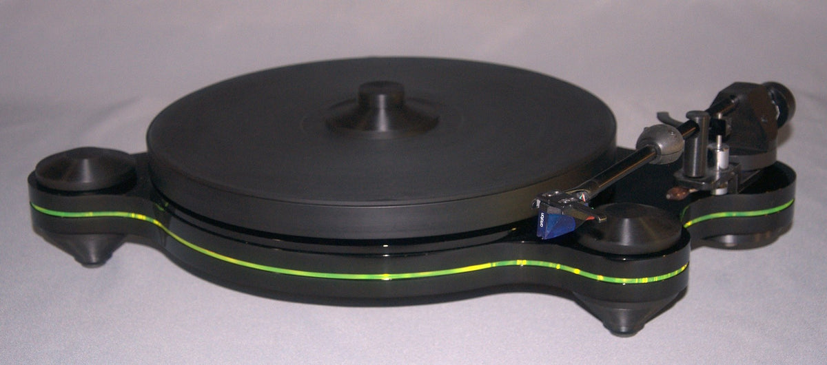 Oracle Audio Origine Acrylic Insert, Neon Green, shown fitted in a black Origine Mk2 plinth, three-quarter view