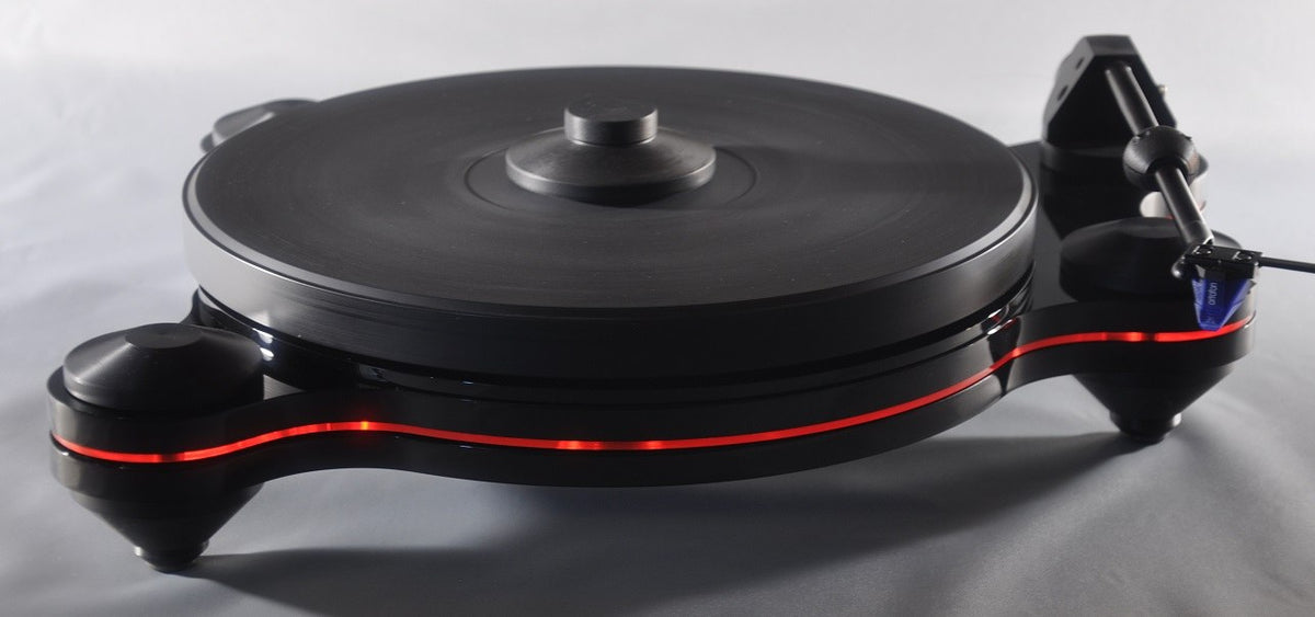 Oracle Audio Origine Mk2 Turntable, Black plinth with Neon Red acrylic insert, three-quarter view